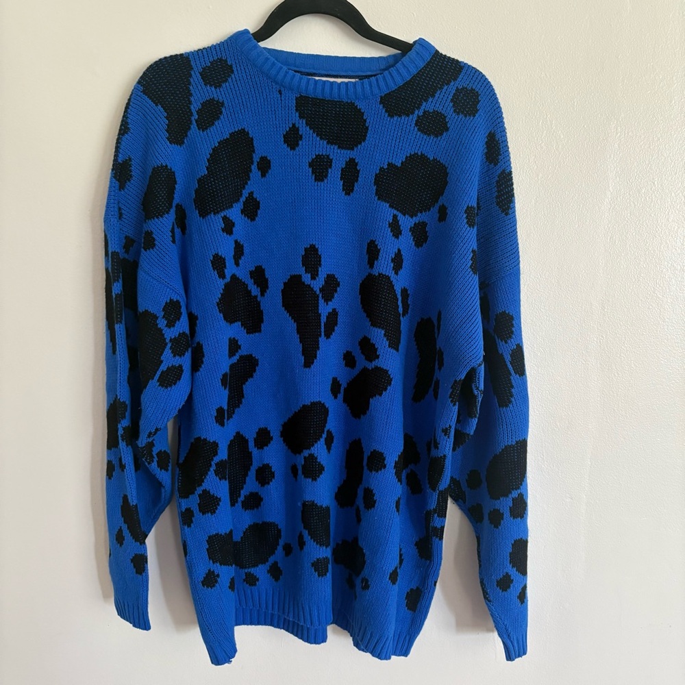 Poochi Canine Couture Inc. Sweater Blue Black Paw Print L/XL